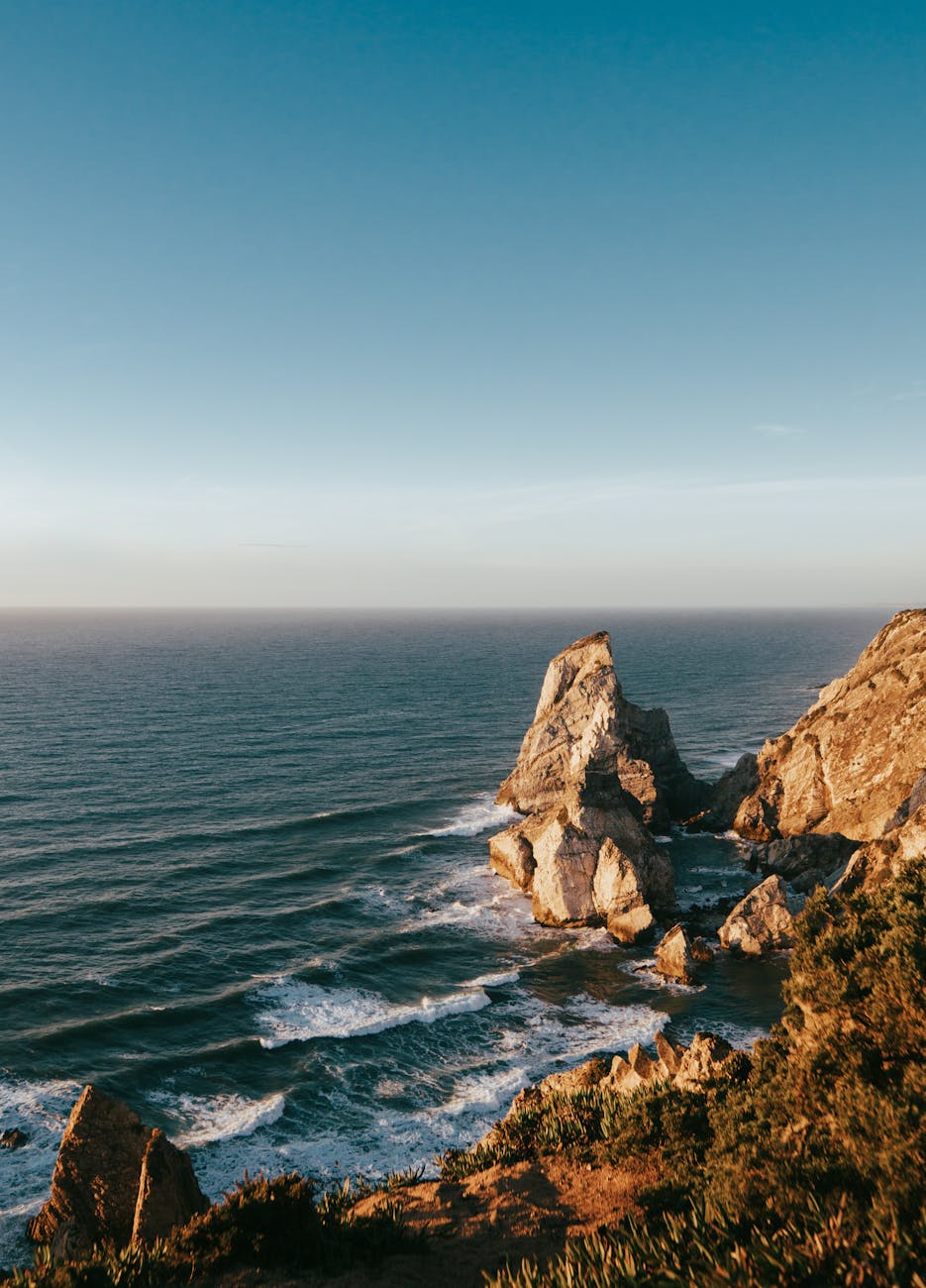 a shore with big rocks